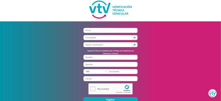 Formulario de registro del portal VTV con campos de email, contraseña, nombre, apellido, documento y celular